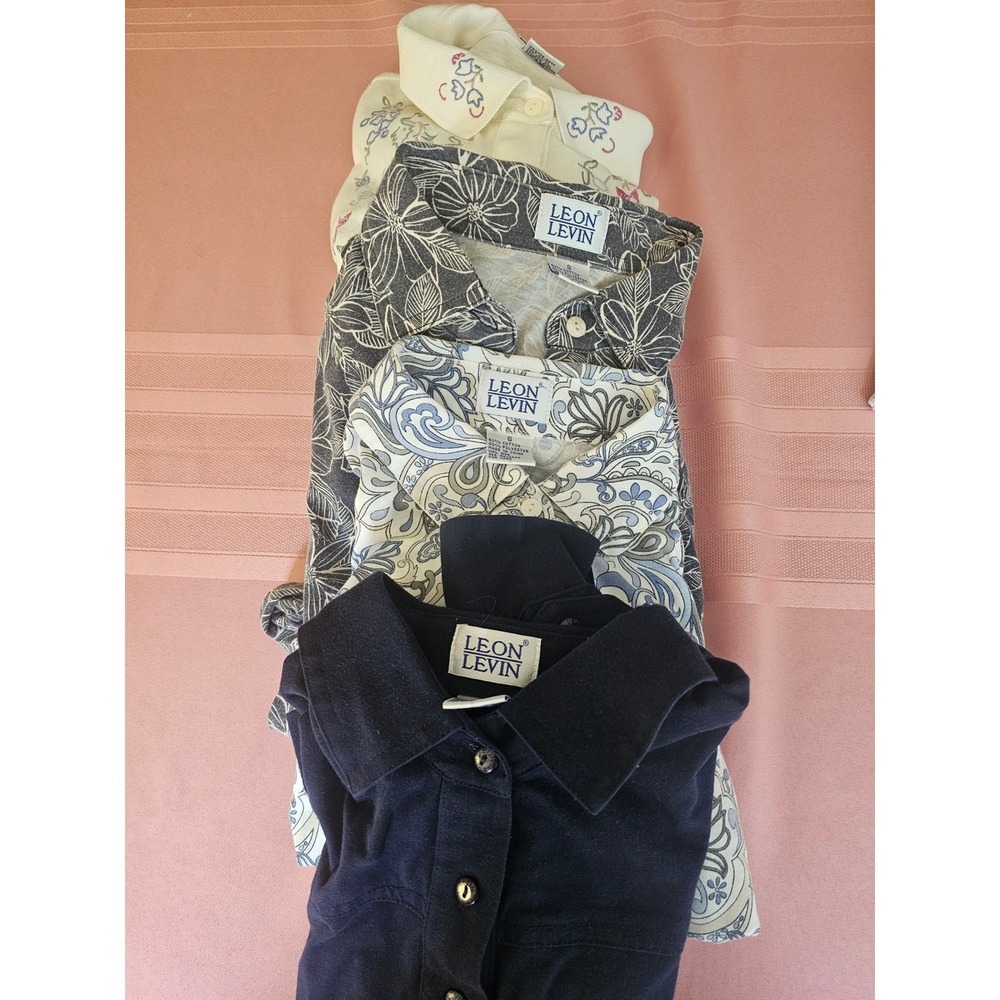 Leon Levin Long Sleeve Polo Shirt Bundle Floral Embroidered Navy Cream Lot of 4